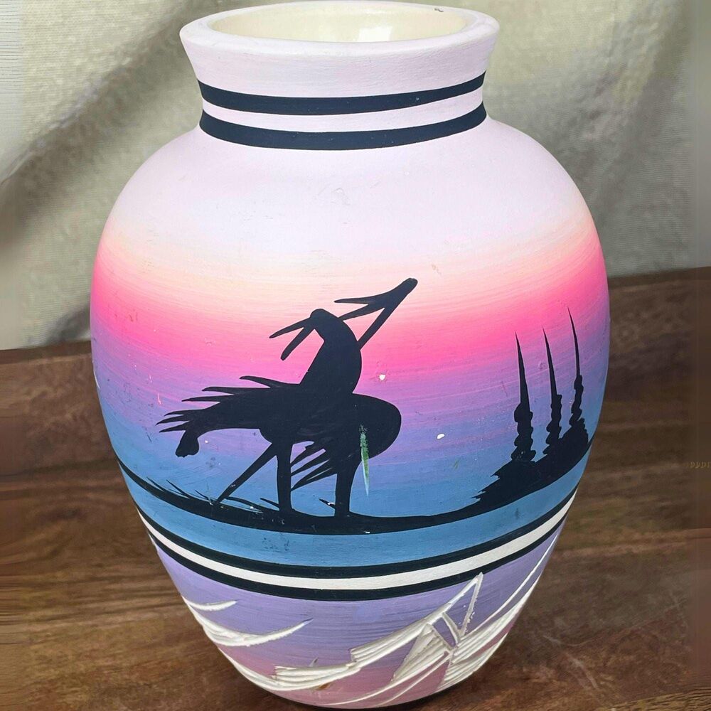 Vintage Round Vase Signed Stash Navajo Pink Blue Sunset 6 1/2- Scratches